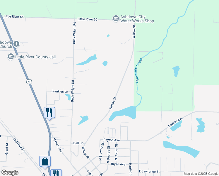 map of restaurants, bars, coffee shops, grocery stores, and more near 1521 Willow Street in Ashdown