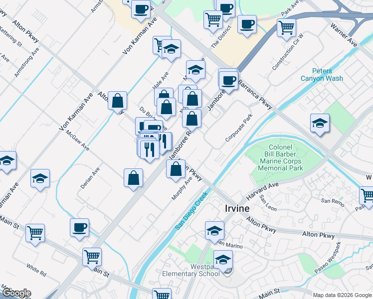 map of restaurants, bars, coffee shops, grocery stores, and more near 2801 Alton Parkway in Irvine