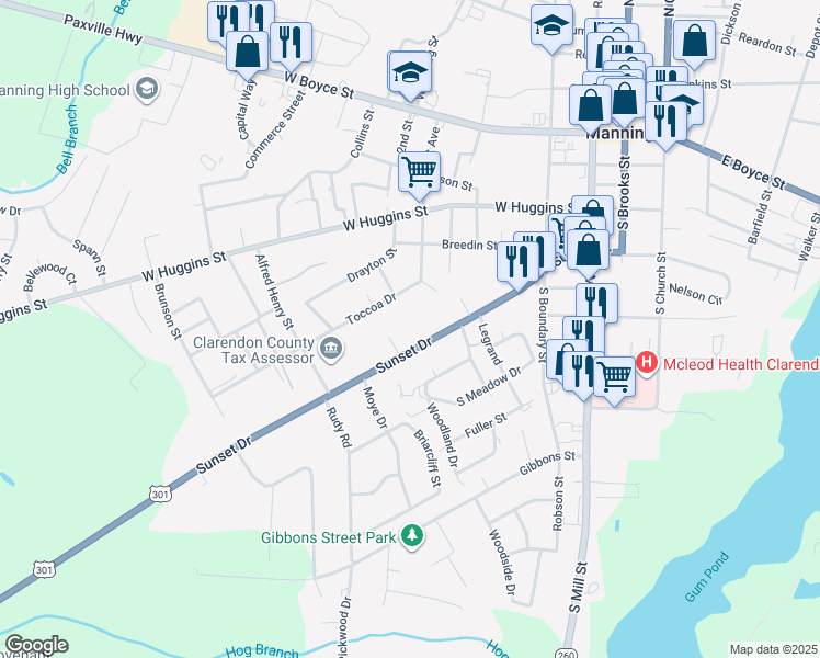 map of restaurants, bars, coffee shops, grocery stores, and more near 317 Sunset Drive in Manning