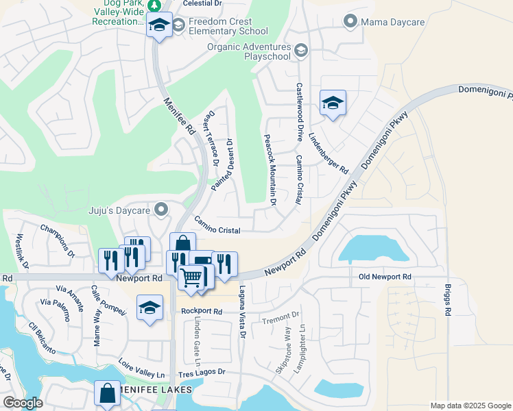 map of restaurants, bars, coffee shops, grocery stores, and more near 29288 Woodlea Lane in Menifee