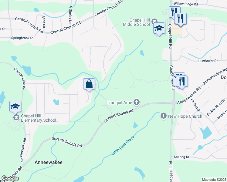 map of restaurants, bars, coffee shops, grocery stores, and more near 4545 Stratford Drive in Douglasville