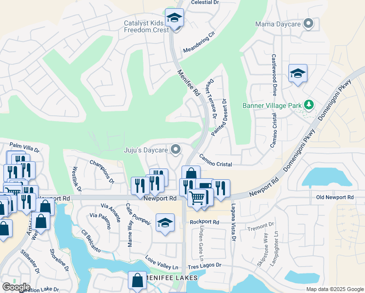 map of restaurants, bars, coffee shops, grocery stores, and more near 29784 Camino Cristal in Menifee