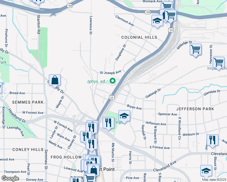 map of restaurants, bars, coffee shops, grocery stores, and more near 2405 Main Street in East Point