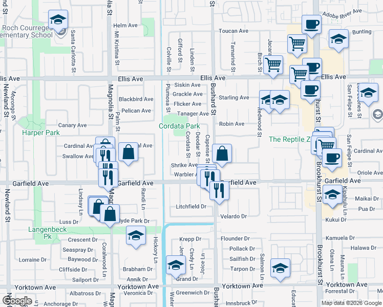 map of restaurants, bars, coffee shops, grocery stores, and more near 18864 Cordata Street in Fountain Valley
