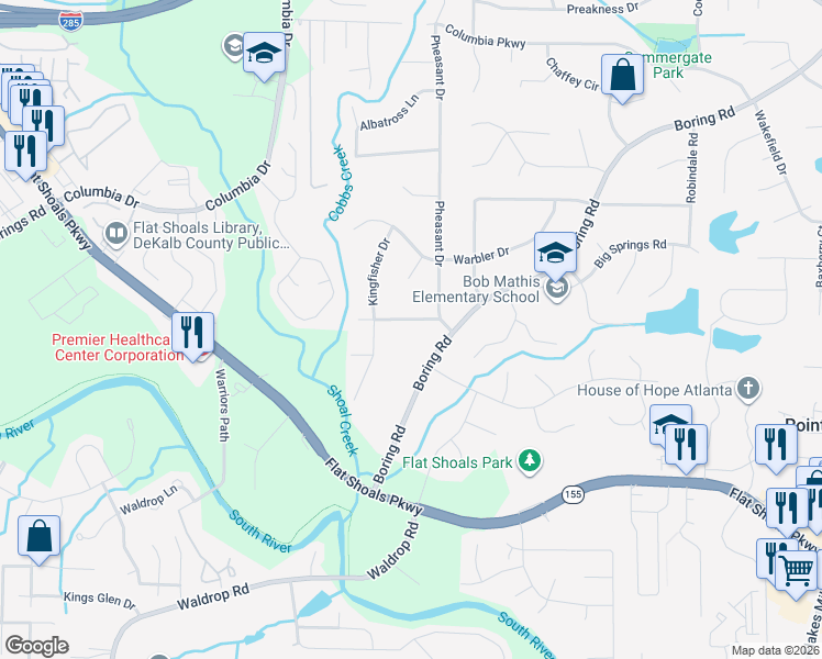 map of restaurants, bars, coffee shops, grocery stores, and more near 3487 Pheasant Court in Decatur