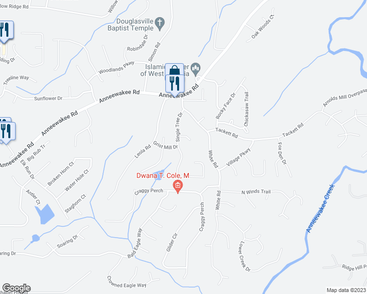 map of restaurants, bars, coffee shops, grocery stores, and more near 4300 Singletree Drive in Douglasville