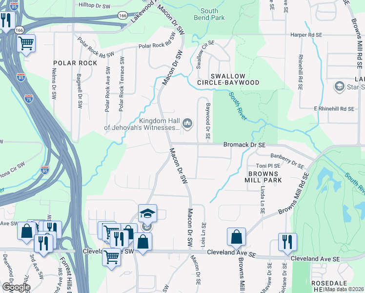 map of restaurants, bars, coffee shops, grocery stores, and more near 25 Bromack Drive Southeast in Atlanta