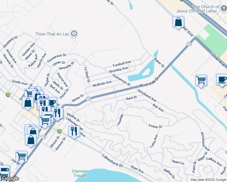 map of restaurants, bars, coffee shops, grocery stores, and more near Riverside Drive in Lake Elsinore
