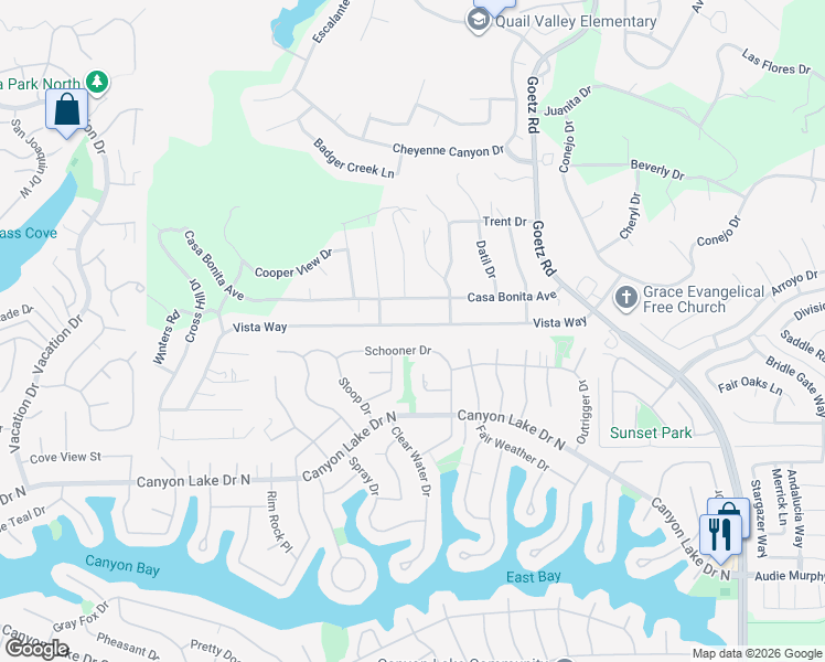 map of restaurants, bars, coffee shops, grocery stores, and more near 23589 Vista Way in Canyon Lake