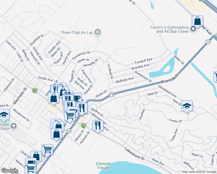 map of restaurants, bars, coffee shops, grocery stores, and more near 17157 Shrier Drive in Lake Elsinore