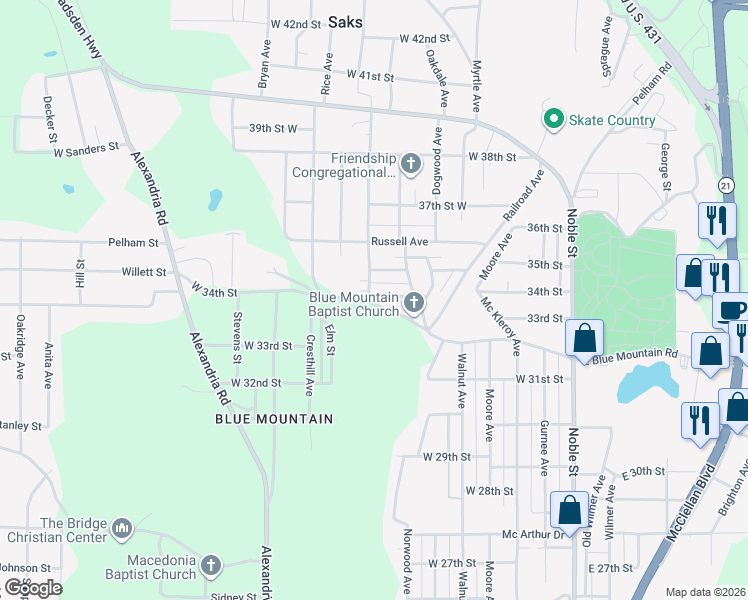 map of restaurants, bars, coffee shops, grocery stores, and more near 101 Shepard Street in Anniston