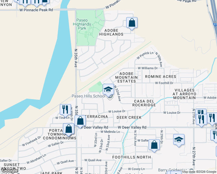 map of restaurants, bars, coffee shops, grocery stores, and more near 3219 West Robin Lane in Phoenix
