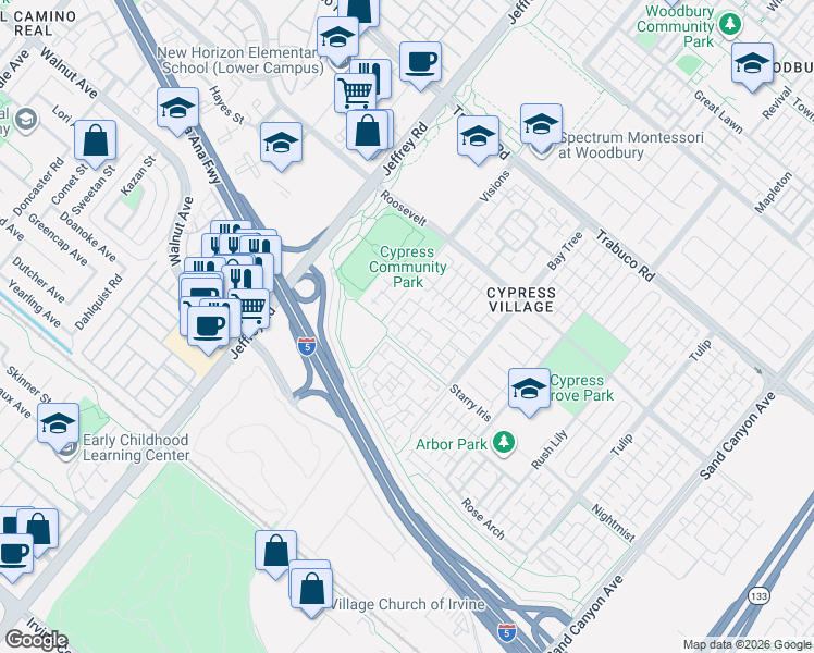 map of restaurants, bars, coffee shops, grocery stores, and more near 100 Contessa in Irvine