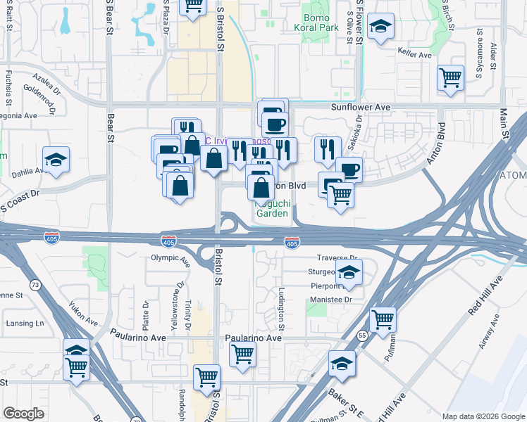 map of restaurants, bars, coffee shops, grocery stores, and more near 3188 Park Center Drive in Costa Mesa