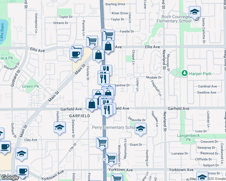 map of restaurants, bars, coffee shops, grocery stores, and more near 18882 Valley Circle in Huntington Beach