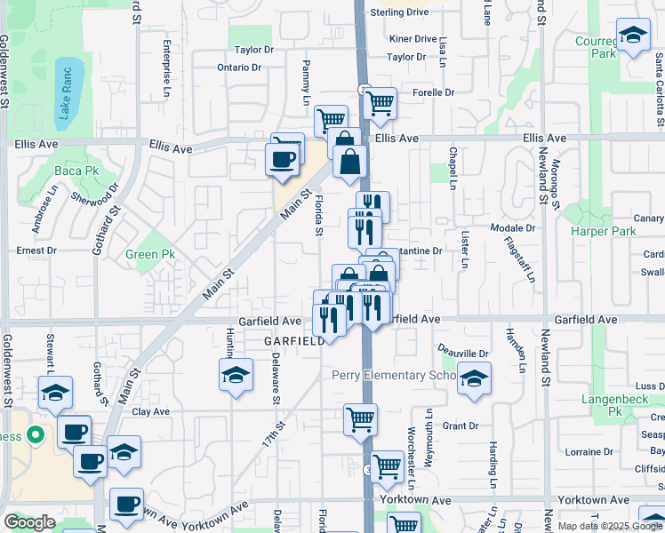 map of restaurants, bars, coffee shops, grocery stores, and more near 18861 Beach Boulevard in Huntington Beach