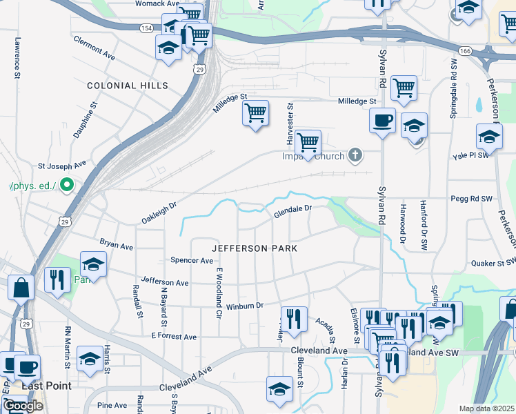 map of restaurants, bars, coffee shops, grocery stores, and more near 2350 Jefferson Terrace in East Point