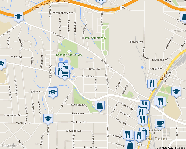 map of restaurants, bars, coffee shops, grocery stores, and more near 1881 Broad Avenue in East Point