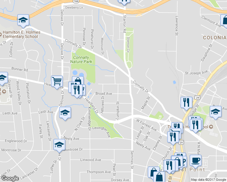 map of restaurants, bars, coffee shops, grocery stores, and more near 1881 Broad Avenue in East Point