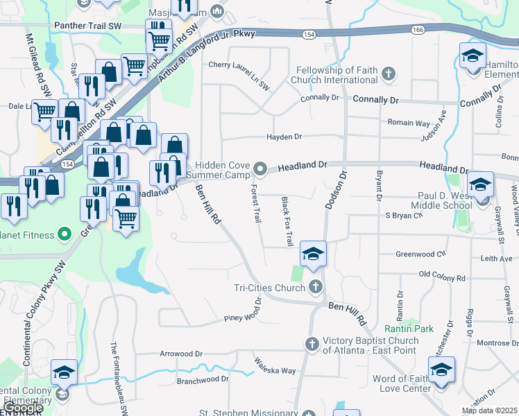 map of restaurants, bars, coffee shops, grocery stores, and more near 2457 Forest Trail in East Point