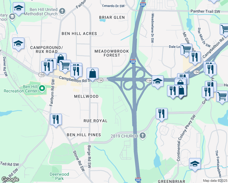 map of restaurants, bars, coffee shops, grocery stores, and more near 2542 Coventry Street Southwest in Atlanta