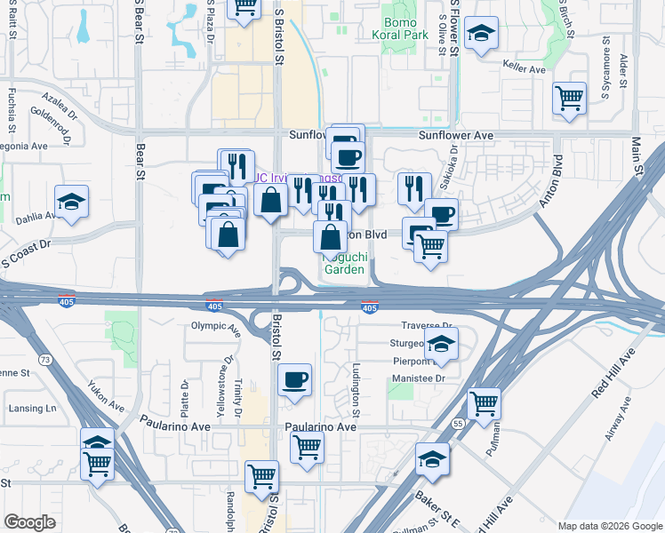 map of restaurants, bars, coffee shops, grocery stores, and more near 3200 Park Center Drive in Costa Mesa