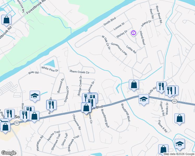 map of restaurants, bars, coffee shops, grocery stores, and more near 244 Stonebrook Drive in Myrtle Beach