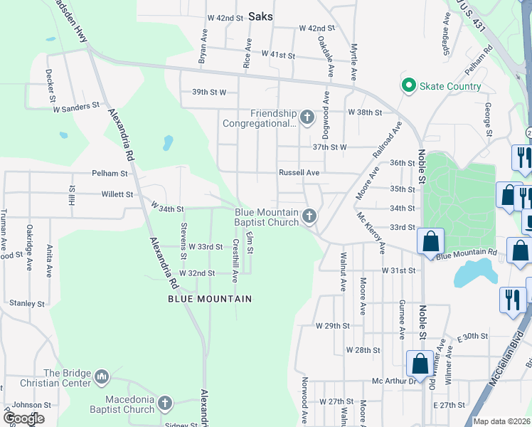 map of restaurants, bars, coffee shops, grocery stores, and more near 101 Shepard Street in Anniston