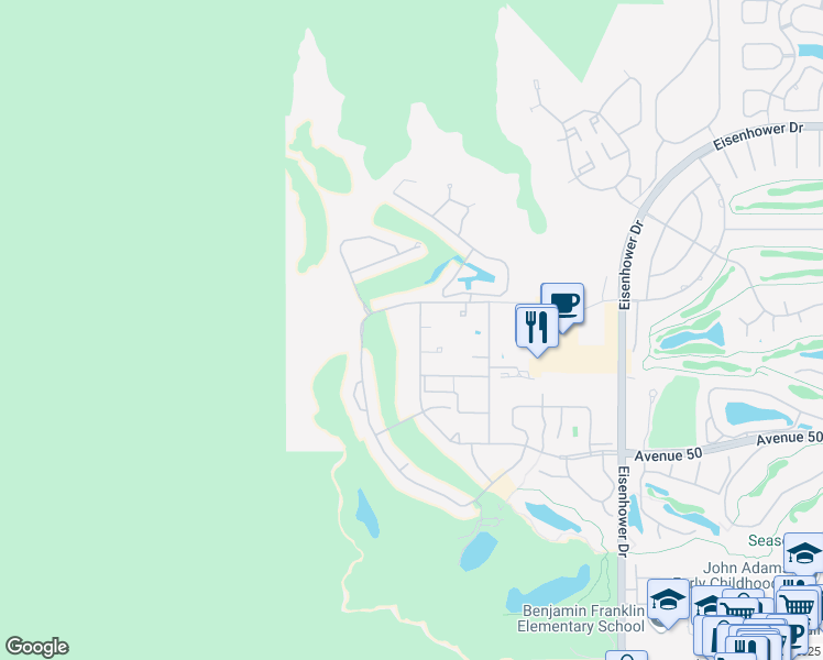 map of restaurants, bars, coffee shops, grocery stores, and more near 76919 Calle Mazatlan in La Quinta