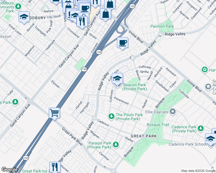 map of restaurants, bars, coffee shops, grocery stores, and more near 130 Follyhatch in Irvine