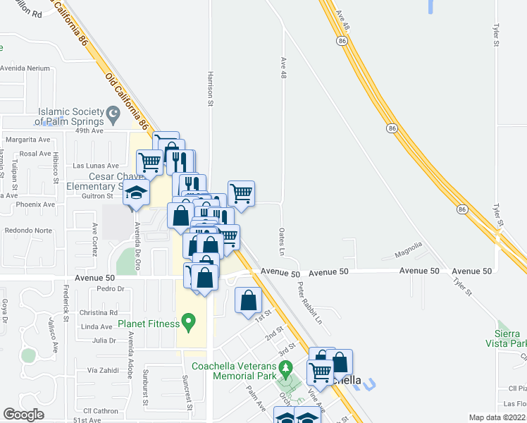 map of restaurants, bars, coffee shops, grocery stores, and more near 49599 Oates Lane in Coachella