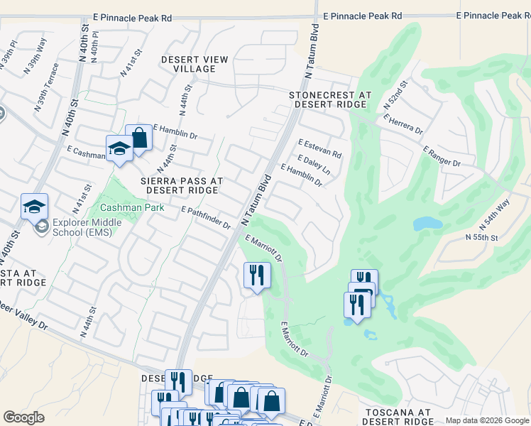 map of restaurants, bars, coffee shops, grocery stores, and more near 4805 East Robin Lane in Phoenix
