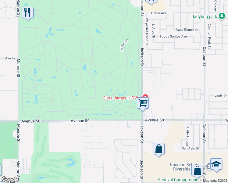 map of restaurants, bars, coffee shops, grocery stores, and more near 49653 Wayne Street in Indio
