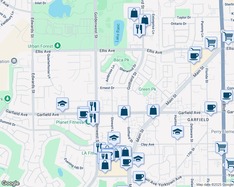 map of restaurants, bars, coffee shops, grocery stores, and more near 18796 Stewart Lane in Huntington Beach