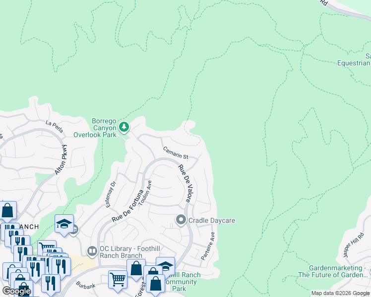 map of restaurants, bars, coffee shops, grocery stores, and more near 39 Camarin Street in Lake Forest