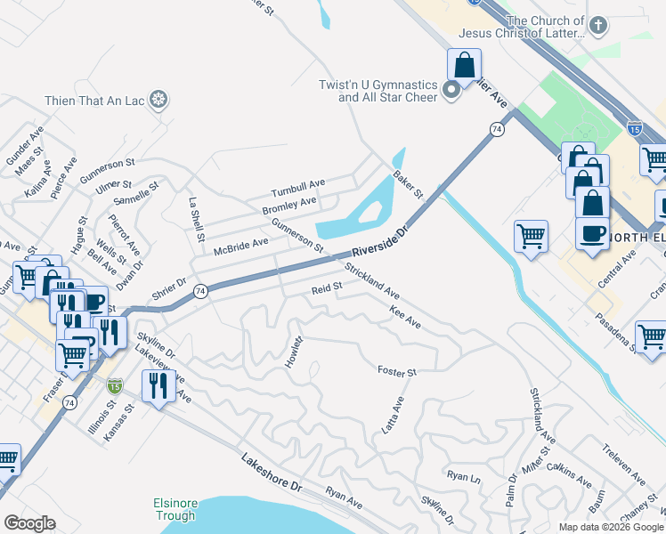 map of restaurants, bars, coffee shops, grocery stores, and more near Illinois Street in Lake Elsinore