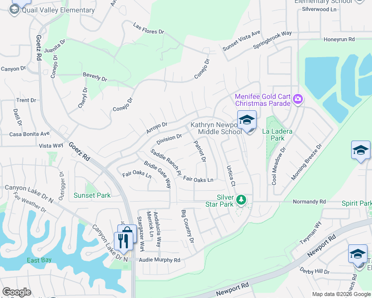 map of restaurants, bars, coffee shops, grocery stores, and more near 24555 Bravery Circle in Menifee