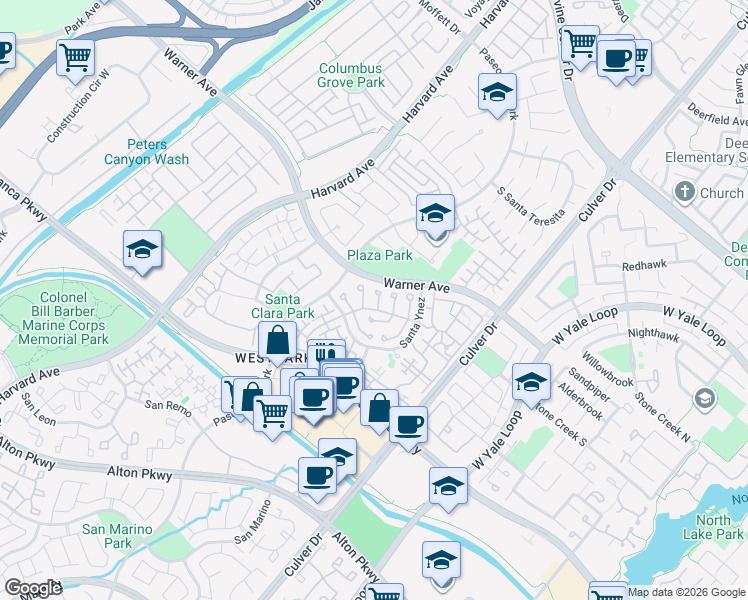 map of restaurants, bars, coffee shops, grocery stores, and more near 9 Santa Luzia Aisle in Irvine