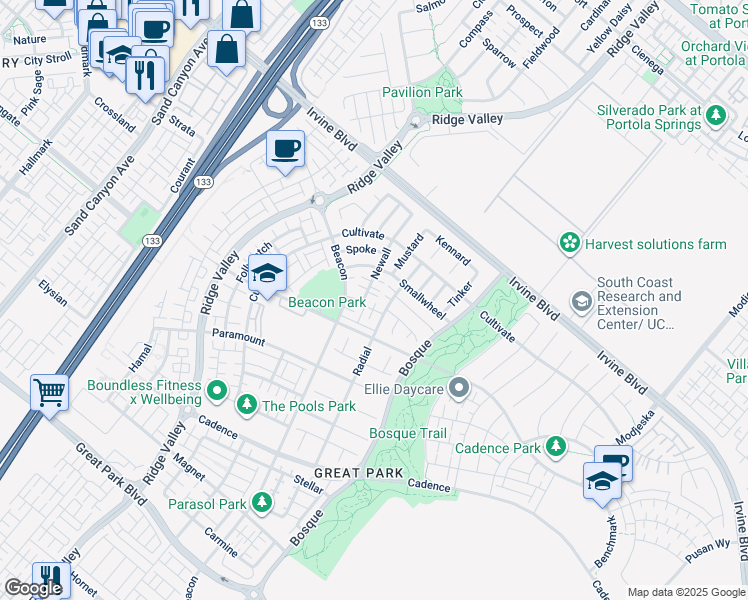 map of restaurants, bars, coffee shops, grocery stores, and more near 814 Beacon in Irvine