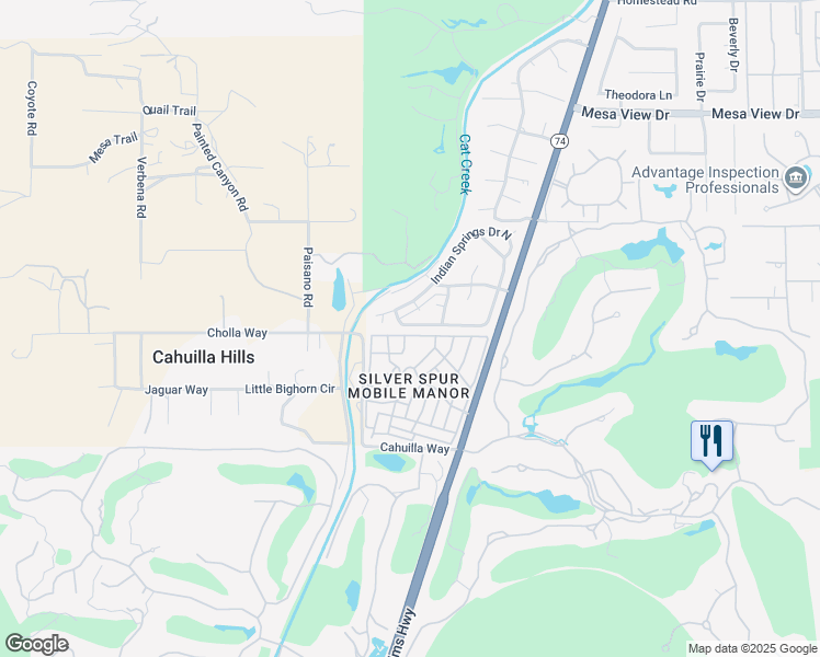 map of restaurants, bars, coffee shops, grocery stores, and more near 49305 California 74 in Palm Desert