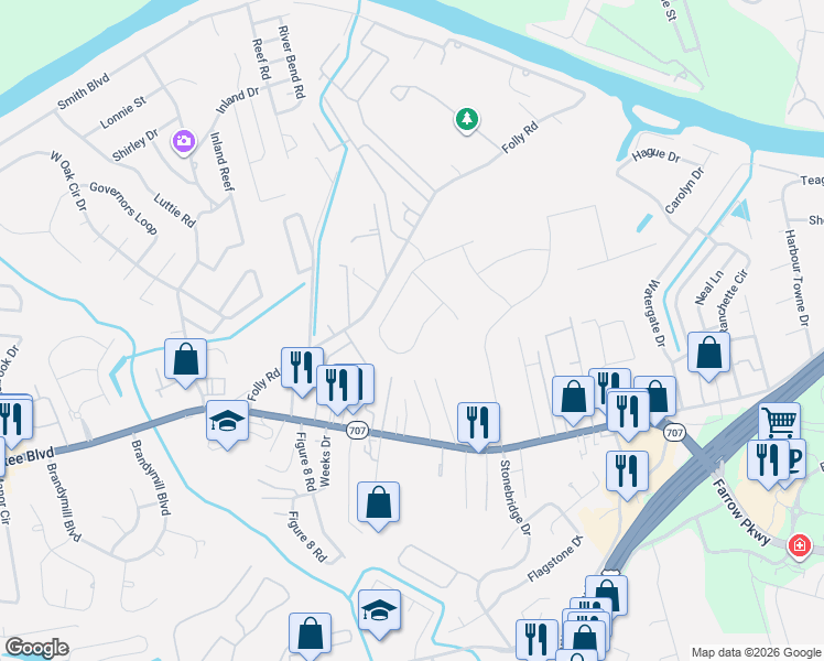 map of restaurants, bars, coffee shops, grocery stores, and more near 374 Worthington Circle in Myrtle Beach