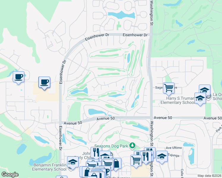 map of restaurants, bars, coffee shops, grocery stores, and more near 49783 Candeleria Circle in La Quinta