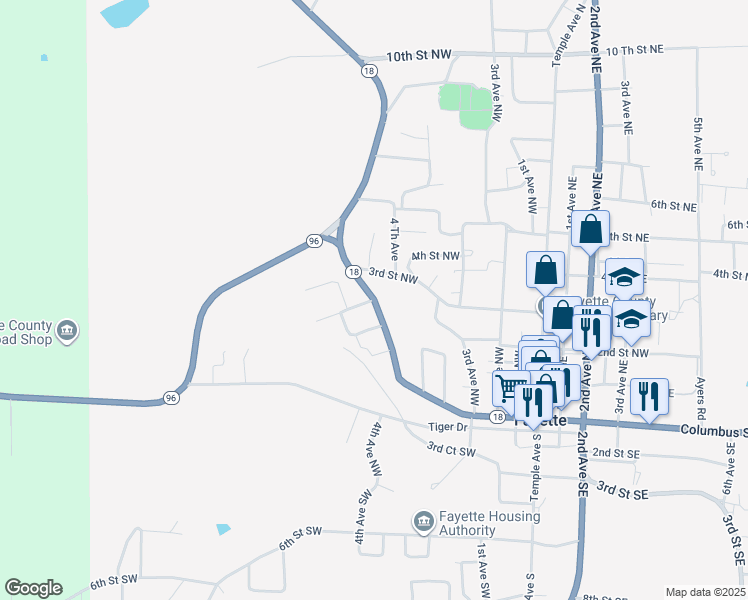 map of restaurants, bars, coffee shops, grocery stores, and more near 613 3rd Street Northwest in Fayette