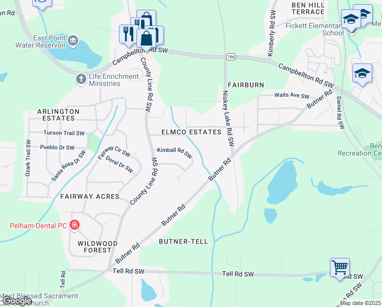 map of restaurants, bars, coffee shops, grocery stores, and more near 4361 Kimball Road Southwest in Atlanta