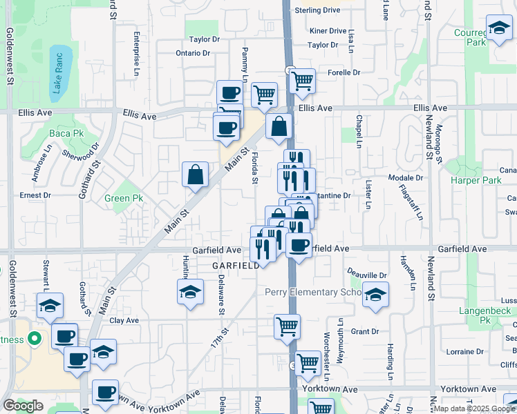 map of restaurants, bars, coffee shops, grocery stores, and more near 18832 Florida Street in Huntington Beach