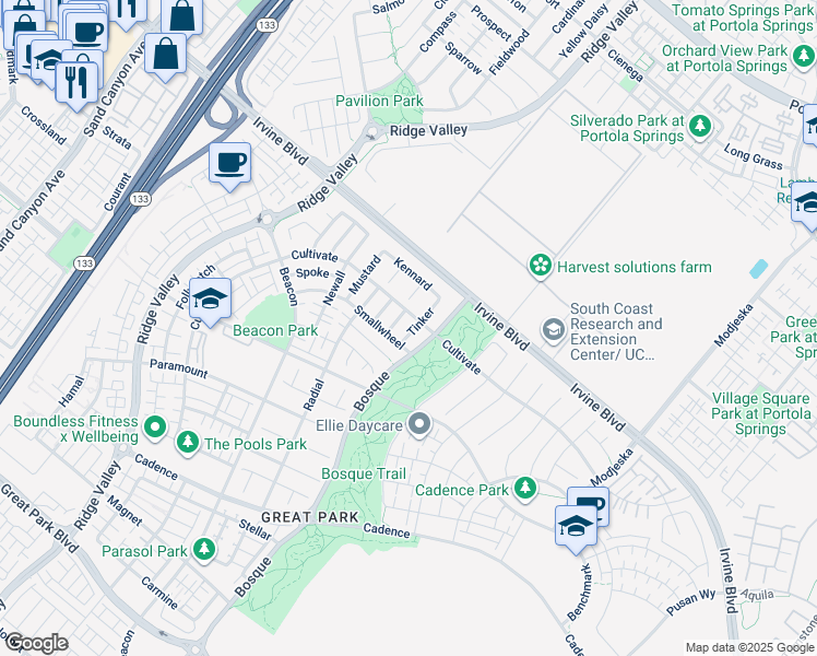 map of restaurants, bars, coffee shops, grocery stores, and more near 105 Tinker in Irvine