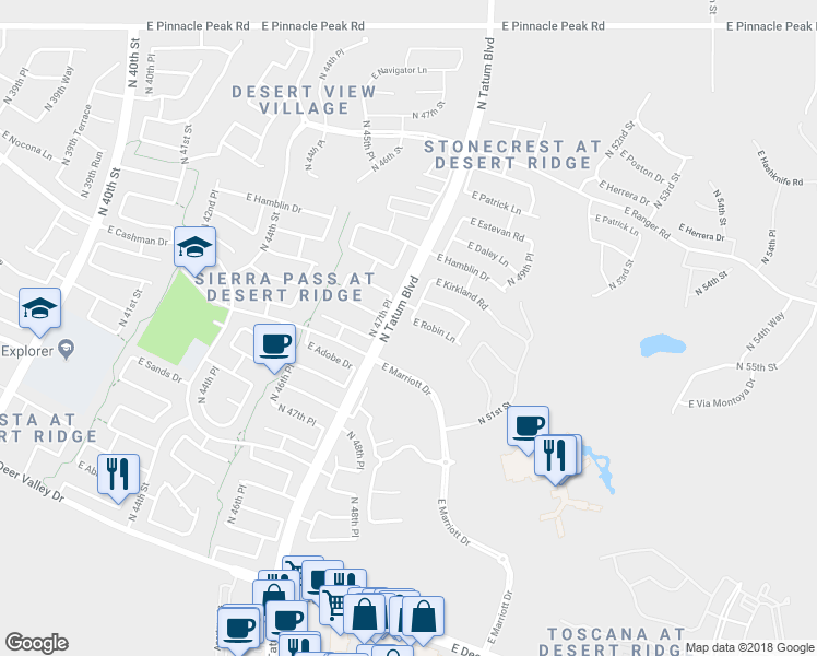 map of restaurants, bars, coffee shops, grocery stores, and more near 4803 East Robin Lane in Phoenix