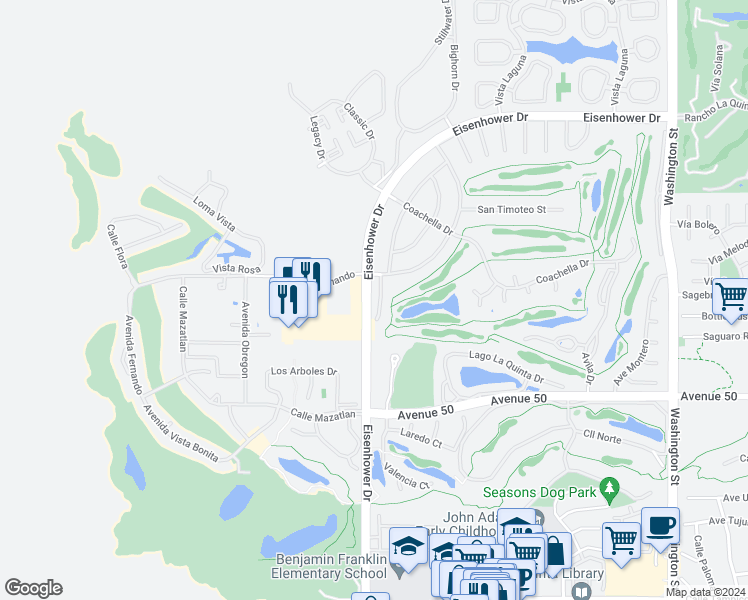 map of restaurants, bars, coffee shops, grocery stores, and more near 49455 Avenue Club La Quinta in La Quinta