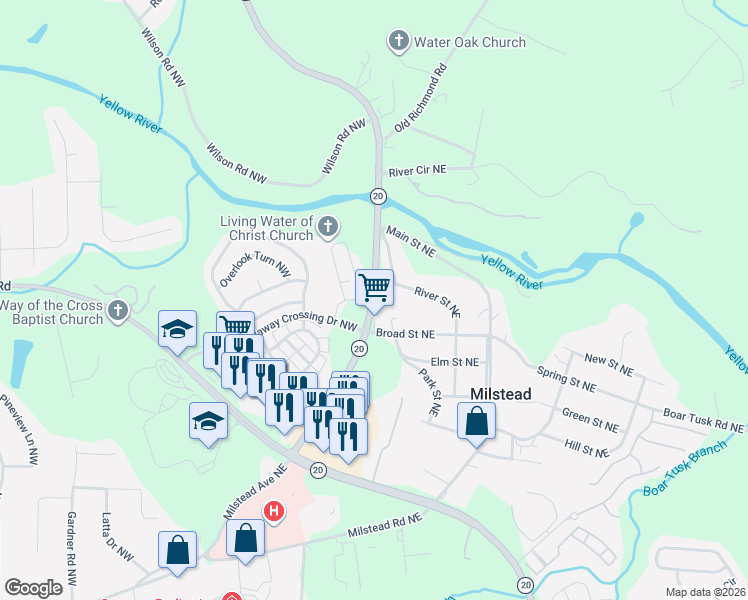 map of restaurants, bars, coffee shops, grocery stores, and more near 1709 Highway 20 in Conyers