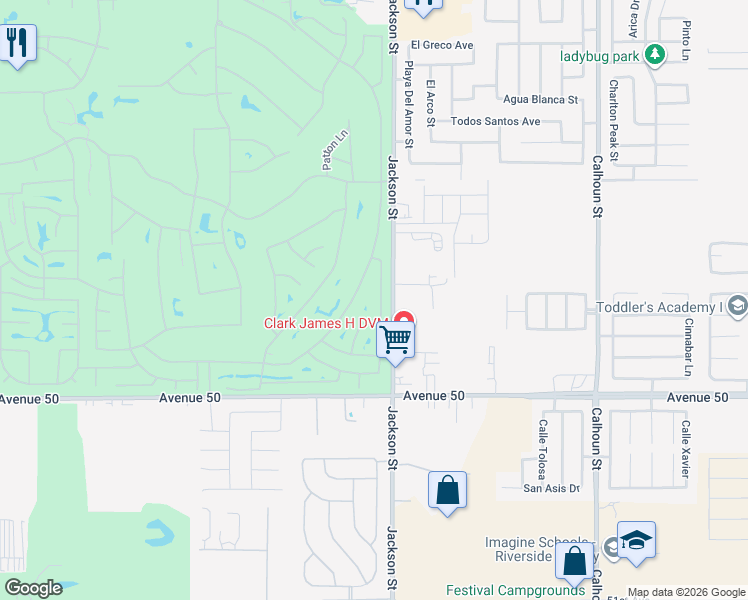 map of restaurants, bars, coffee shops, grocery stores, and more near 49590 Lewis Road in Indio